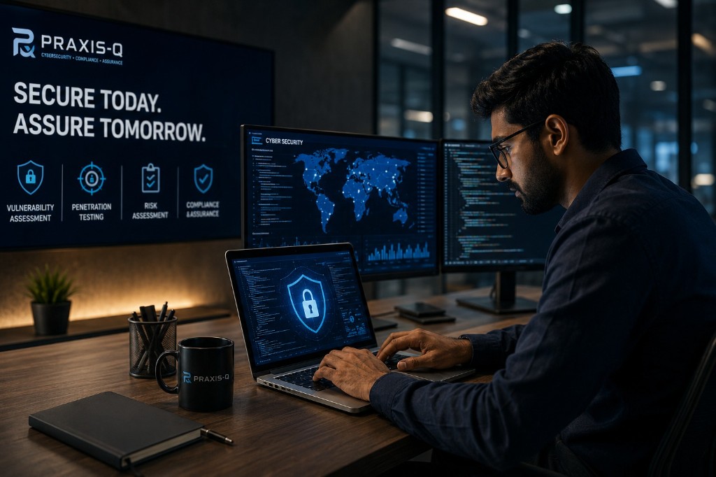 Cybersecurity analyst at work with Praxis-Q compliance and security services